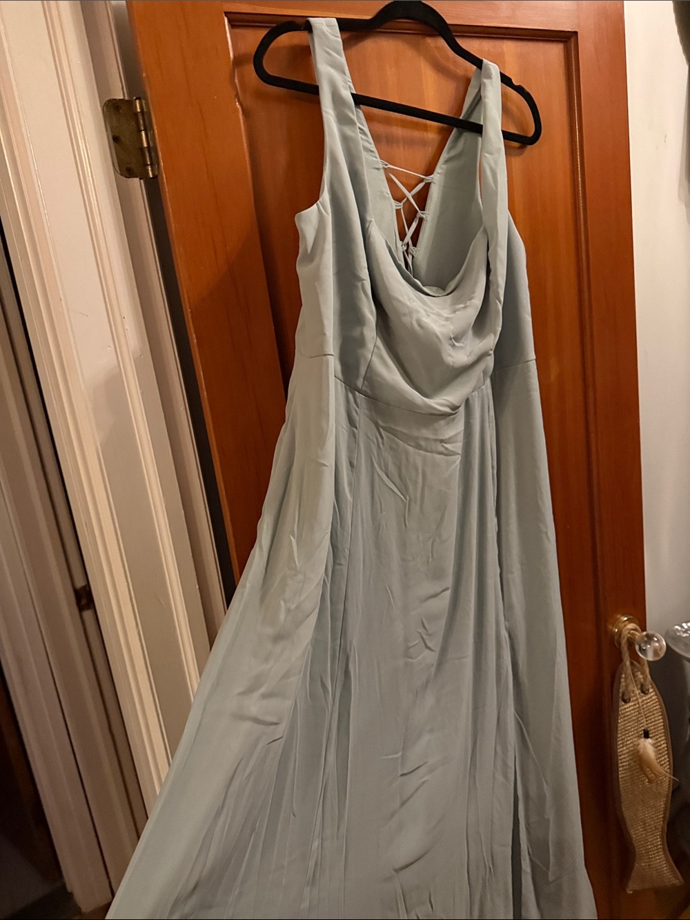 David's Bridal Light Sage Green Cowl Back Maxi Gown